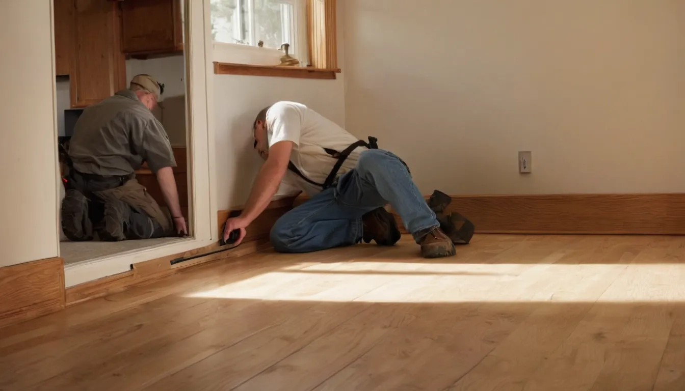 Homeowner pointing out a small gap near a kitchen baseboard to a pest control provider in Bonney Lake